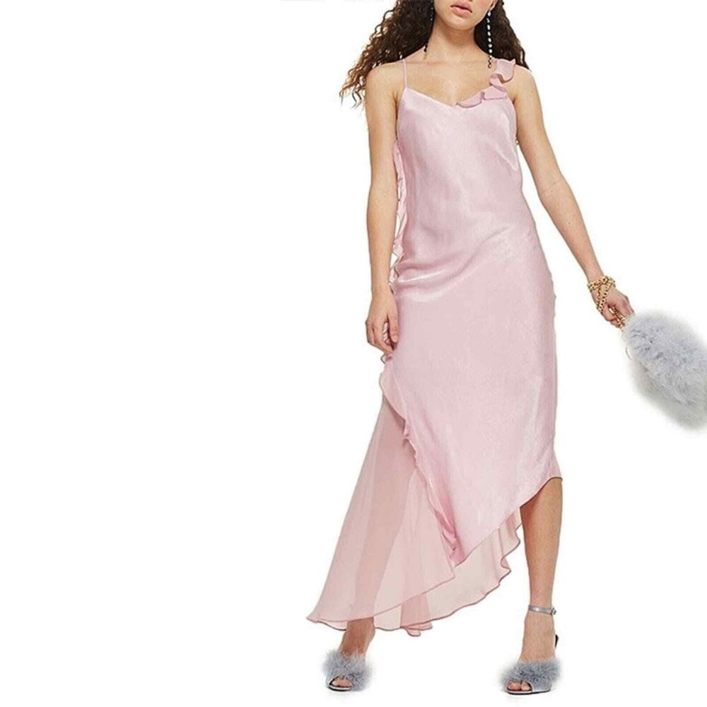 Topshop Asymmetrical Frill Maxi Slip Dress Size 6 Pastel Pink Formal Prom Hoco